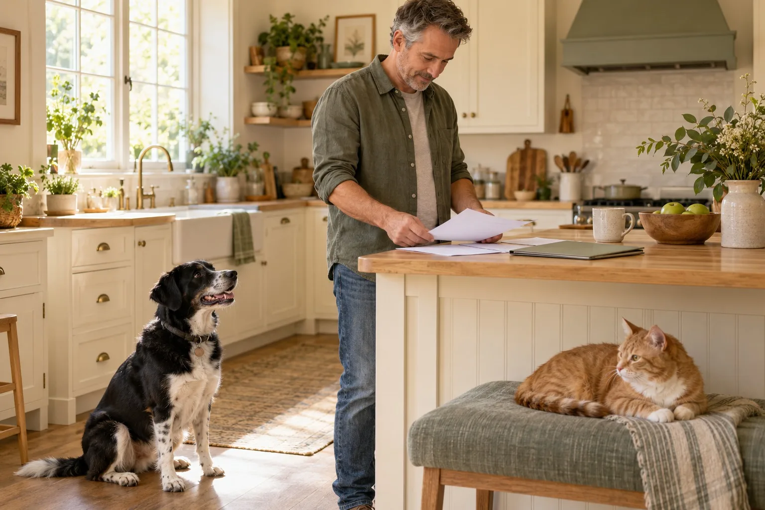 Owner reviewing papers in a kitchen with a dog and cat nearby